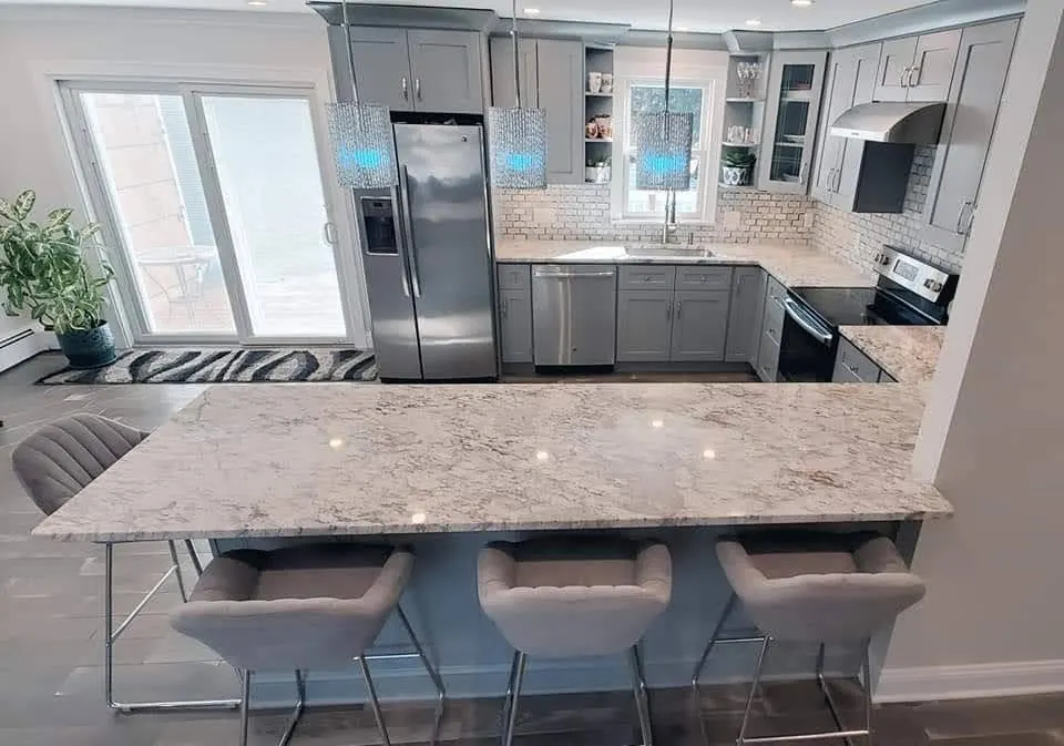Gray kitchen with breakfast bar seating