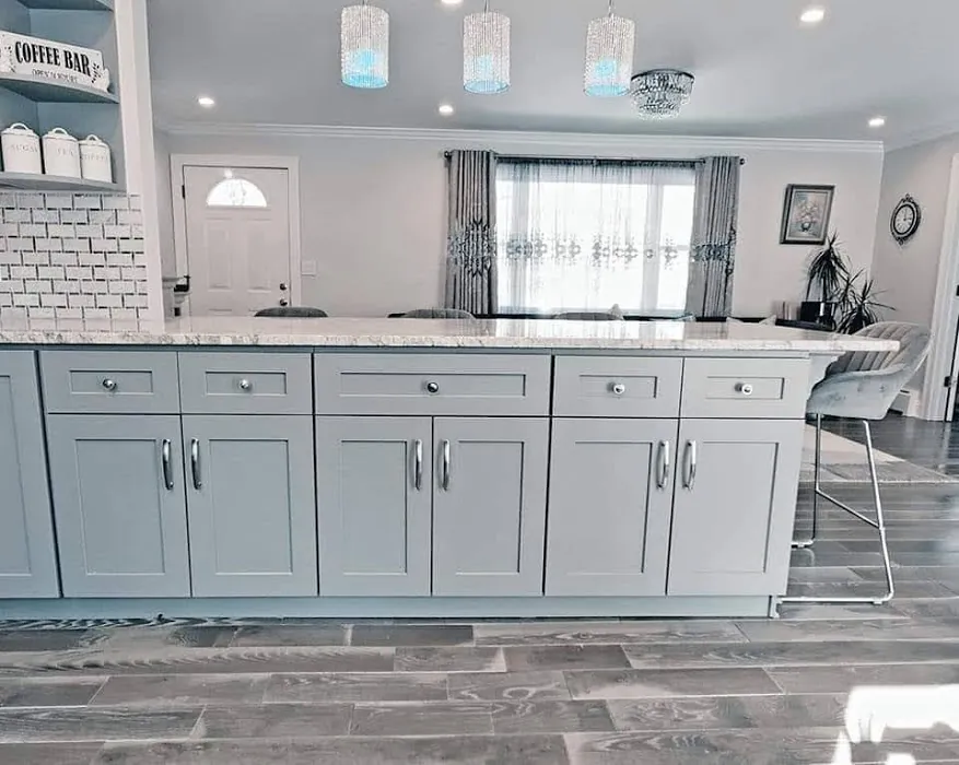 Gray shaker kitchen with granite peninsula
